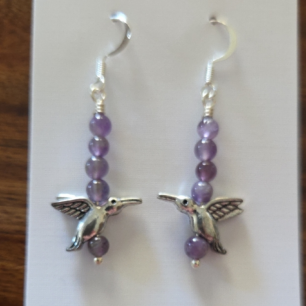 Amethyst and Silver Hummingbird Earrings